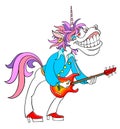 Unicorn musician. Vector color image isolated on white. Cartoon Unicorn wearing 3D cinema glasses. Cheerful colorful cartoon