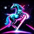 Unicorn neon banner. Magic horse and stars background. Vector illustration Generative AI