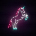 Unicorn neon sign. Magical unicorn standing on hind hooves.