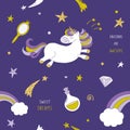 Unicorn on the night sky seamless pattern with stars, rainbow and comets. Cute cartoon character for pajamas, sleepwear, t-shirts
