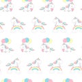 Unicorn Over Rainbow Fashion Seamless Pattern for Textile Doodle. Happy Little Pony Fly on Balloon. Magic Holiday