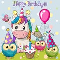 Unicorn and owls with balloon and bonnets Royalty Free Stock Photo
