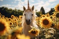 a unicorn with a painted horn in a field of sunflowers