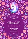 Unicorn party birthday invitation with flowers, butterflies and candies. Vector template on dark magenta background. Royalty Free Stock Photo