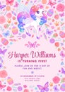 Unicorn party birthday invitation with flowers, butterflies and candies. Vector template on pink background.