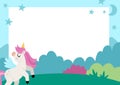 Unicorn party greeting card template with cute magic forest, moon, star, night landscape. Fairytale poster or invitation for kids Royalty Free Stock Photo