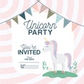 Unicorn party invitation card with floral decoration and garlands