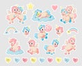 Unicorn patch. Cartoon baby animals with horns and wings. Pegasus and ponies play on clouds and sleep on rainbow. Fairy Royalty Free Stock Photo