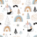 Christmas winter seamless pattern with unicorns and rainbows, kids wallpaper, holidays background for gift paper