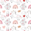 Valentine`s day seamless pattern with unicorns and rainbows and birds, kids wallpaper, holidays background for gift paper