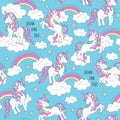 Unicorn pattern and rainbow. Trendy seamless vector pattern on a blue background. Fashion illustration drawing in modern style for