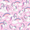 Unicorn pattern and rainbow. Trendy seamless vector pattern on a pink background. Fashion illustration drawing in modern style for