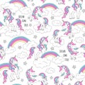 Unicorn pattern and rainbow. Trendy seamless vector pattern on a white background. Fashion illustration drawing in modern style