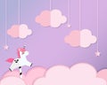 Unicorn on pink clouds in violet heaven. Background in paper cut, paper craft style for kids and nursery design, invitations, bann