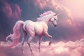 Unicorn in pink clouds. Wish fulfillment concept. Pink trend color. AI generated