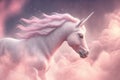 Unicorn in pink clouds. Wish fulfillment concept. Pink trend color. AI generated
