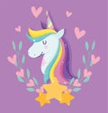 Unicorn with pink stars hearts rainbow mane floral fantasy cartoon