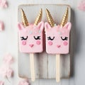 Cute little pink Unicorn popsicle with closed eyes on a pink background. Glazed with white chocolate. Generative ai