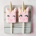 Cute little pink Unicorn popsicle with closed eyes on a pink background. Glazed with white chocolate. Generative ai