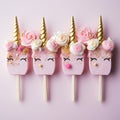 Cute little pink Unicorn popsicle with closed eyes on a pink background. Glazed with white chocolate. Generative ai