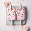 Cute little pink Unicorn popsicle with closed eyes on a pink background. Glazed with white chocolate. Generative ai