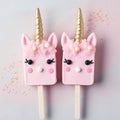 Cute little pink Unicorn popsicle with closed eyes on a pink background. Glazed with white chocolate. Generative ai