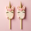 Cute little pink Unicorn popsicle with closed eyes on a pink background. Glazed with white chocolate. Generative ai