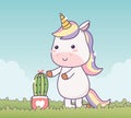 Unicorn with potted cactus cartoon character magical fantasy