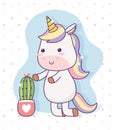 Unicorn with potted cactus cartoon magical fantasy