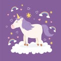 Unicorn purple hair on cloud rainbows decoration magical fantasy cartoon cute animal Royalty Free Stock Photo