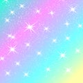 Unicorn rainbow background. Holographic sky in pastel color. Bright mermaid pattern in princess colors. Vector illustration.