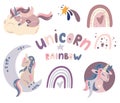 Unicorn and rainbow collection. Fantastic animal. Nursery prints. Perfect for the design of postcards, posters, covers, prints on