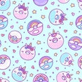 Unicorn and rainbow donuts abstract seamless pattern