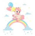 Unicorn on rainbow. Fairy tale character in sky holding balloons. Cartoon horse with horn sitting on clouds. Print for Royalty Free Stock Photo