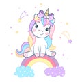 Cute magical unicorn sitting on rainbow.