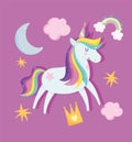 Unicorn with rainbow hair tail moon clouds dream stars crown fantasy cartoon Royalty Free Stock Photo