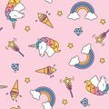 Unicorn, rainbow and magic wand pastel colors seamless pattern