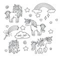 Unicorn, rainbow, magic wand vector sketch set Royalty Free Stock Photo