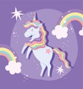 Unicorn with rainbow mane horn clouds stars magic fantasy cartoon Royalty Free Stock Photo