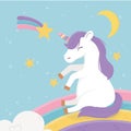 Unicorn on rainbow moon shooting star fantasy magic dream cute cartoon