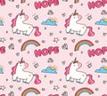 Unicorn and rainbow seamless pattern in kawaii style vector