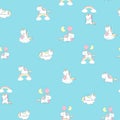 Unicorn Rainbow Seamless Pattern Print Decor for Kid Fairy Room Wall. Happy Fun Pony Fly on Balloon Abstract Element