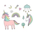 Unicorn, rainbow, set, doodle, color Royalty Free Stock Photo