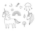 Unicorn, rainbow, set, doodle Royalty Free Stock Photo