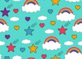 Unicorn, rainbow, sweets and other objects seamless pattern with light pink background. Cute magic ornament for textile, fabric,