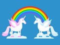 Unicorn and Rainbow. Two cute fantasy creatures in clouds. Fabulous beast with horn in his forehead. Pink and blue mythic animal.