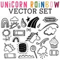 Unicorn Rainbow Vector Set with rainbows, suns, clouds, tickets, unicorns, lollipops, chocolate, cupcakes, and rain. Royalty Free Stock Photo