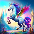 Unicorn with rainbow wings in fantasy landscape. 3d illustration AI Generated Royalty Free Stock Photo