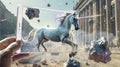 A unicorn rendered in stunning photorealism within an augmented reality app leaps over meteoroids capturing the essence of