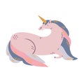 The unicorn is resting. A pink unicorn with a rainbow mane and a golden horn. Royalty Free Stock Photo